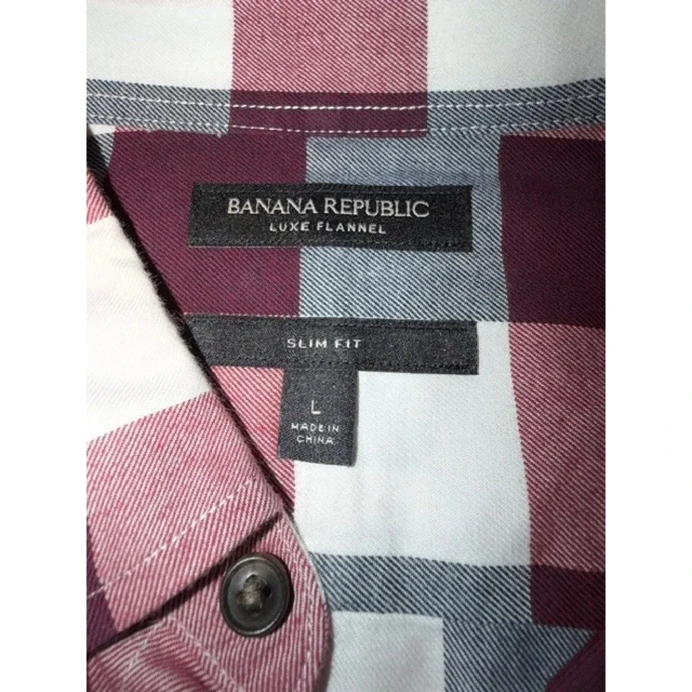 Banana Republic Luxe Flannel Shirt Mens Large Slim Fit Burgundy Plaid Buffalo